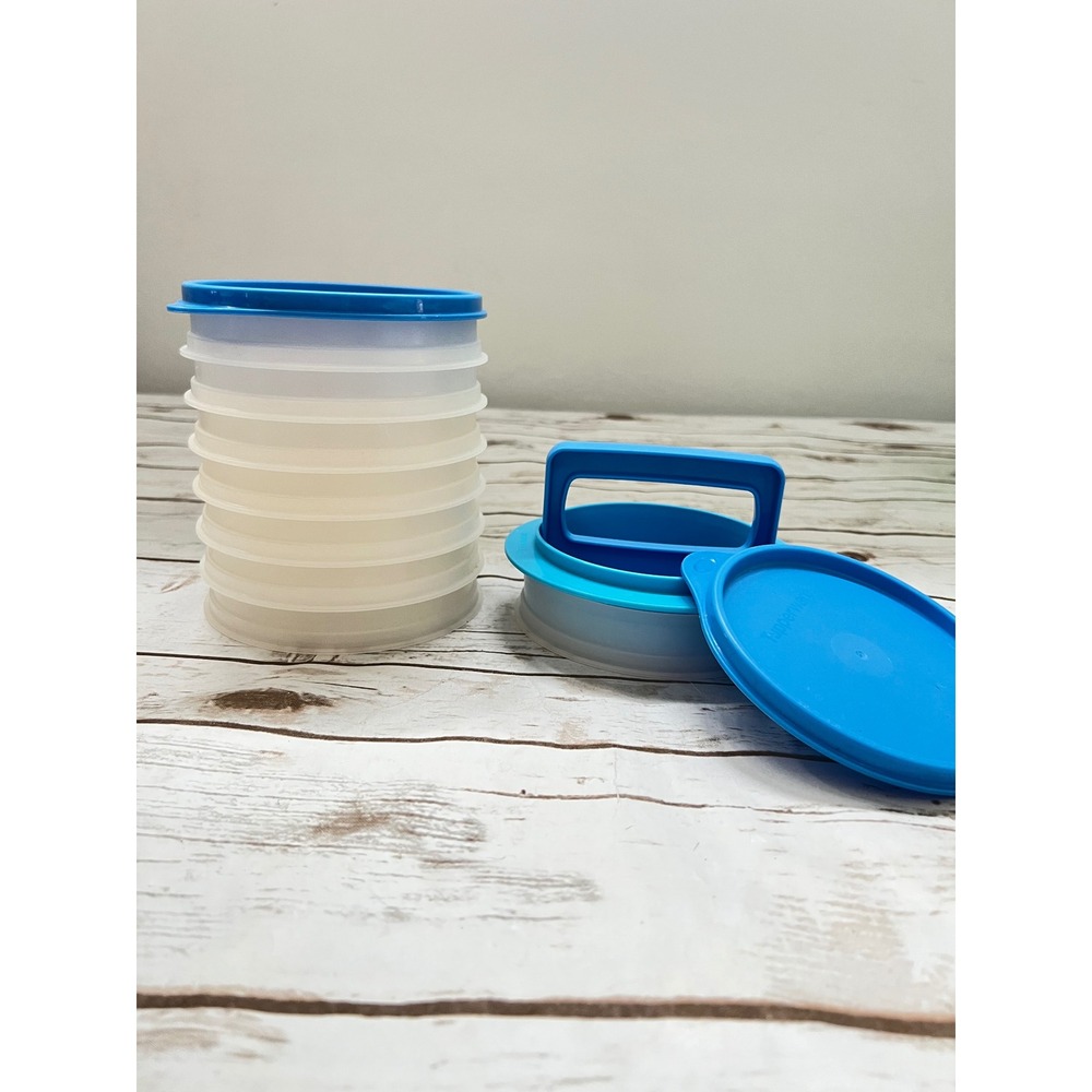 Tupperware Hamburger Press and Keepers Set Blue Clear Stackable 5 Inch 8pc